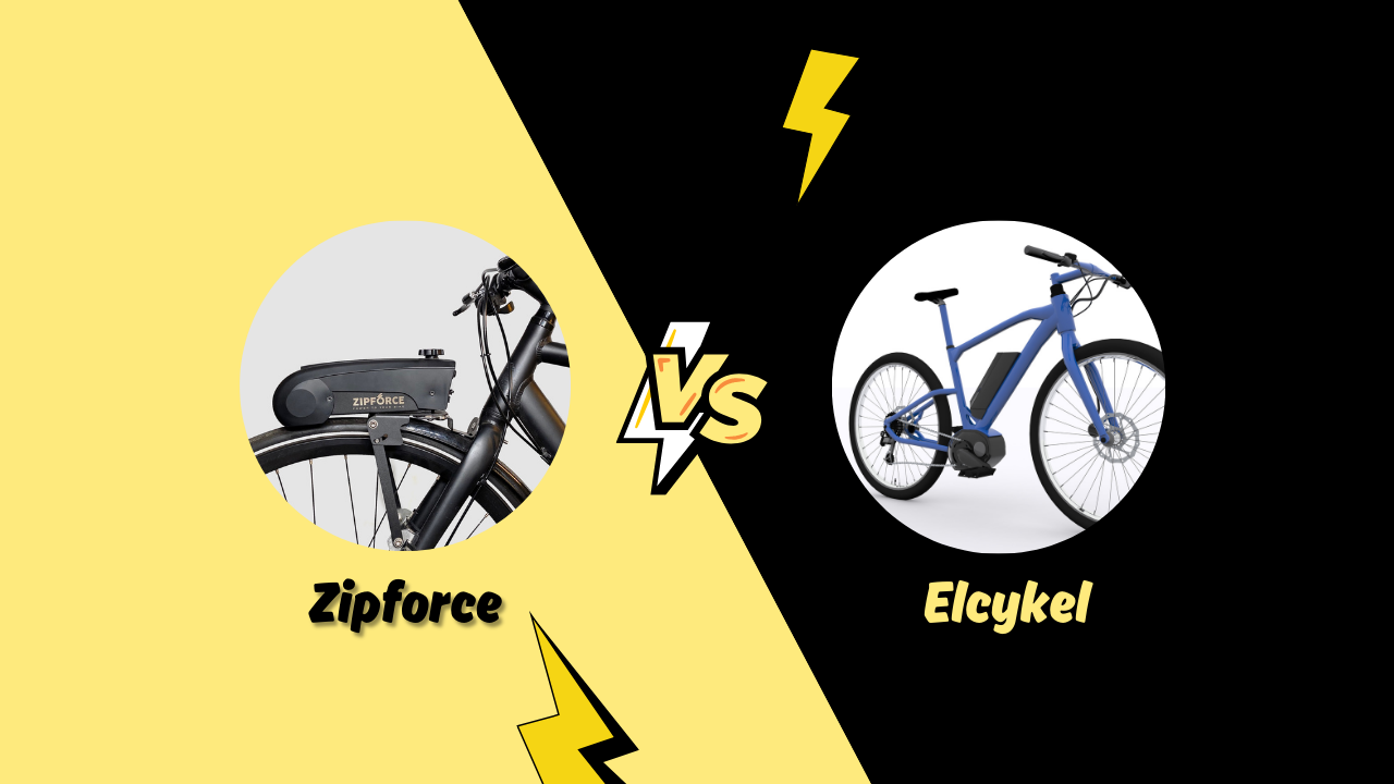 Zipforce-motor monterad på en vanlig cykel i ett cykelställ. En kompakt elcykelmotor som enkelt tas av och på.